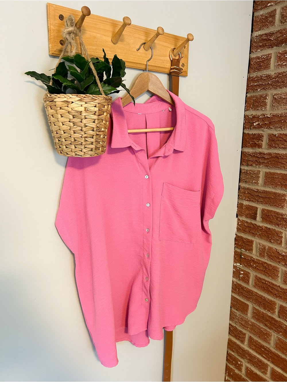 Relaxed Pink Button-Down Shirt with Chest Pocket
